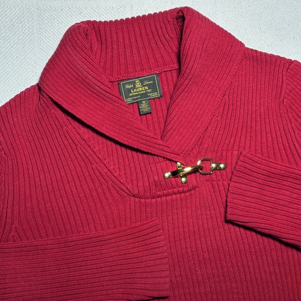 Lauren Ralph Lauren Sweater Womens 1X Shawl Collar Fireman Clasp Ribbed Knit Red